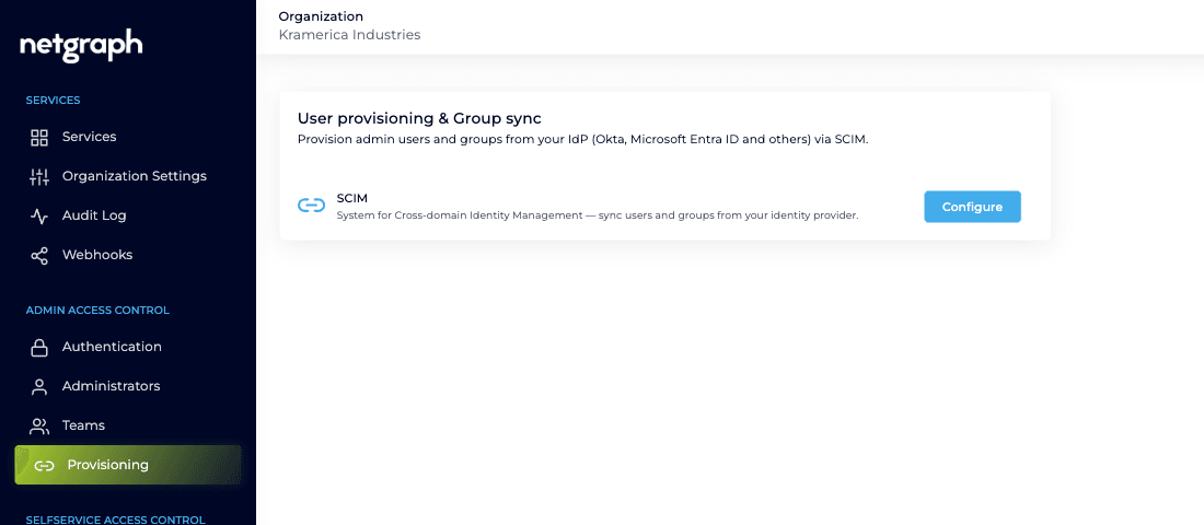 The Provisioning page with a User provisioning and Group sync card and a Configure button on the SCIM row