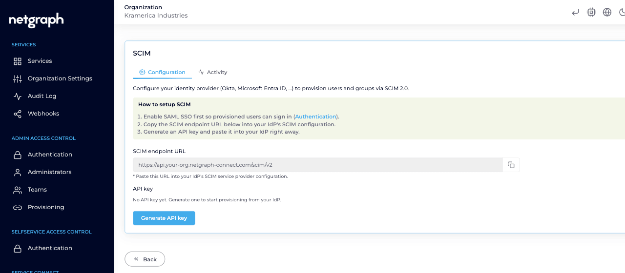 The SCIM configuration screen with the How to setup SCIM steps, the SCIM endpoint URL field, and the Generate API key button