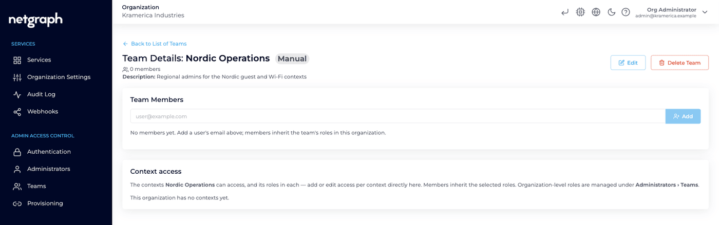 A team's detail page showing the Team Members section and a Context access section