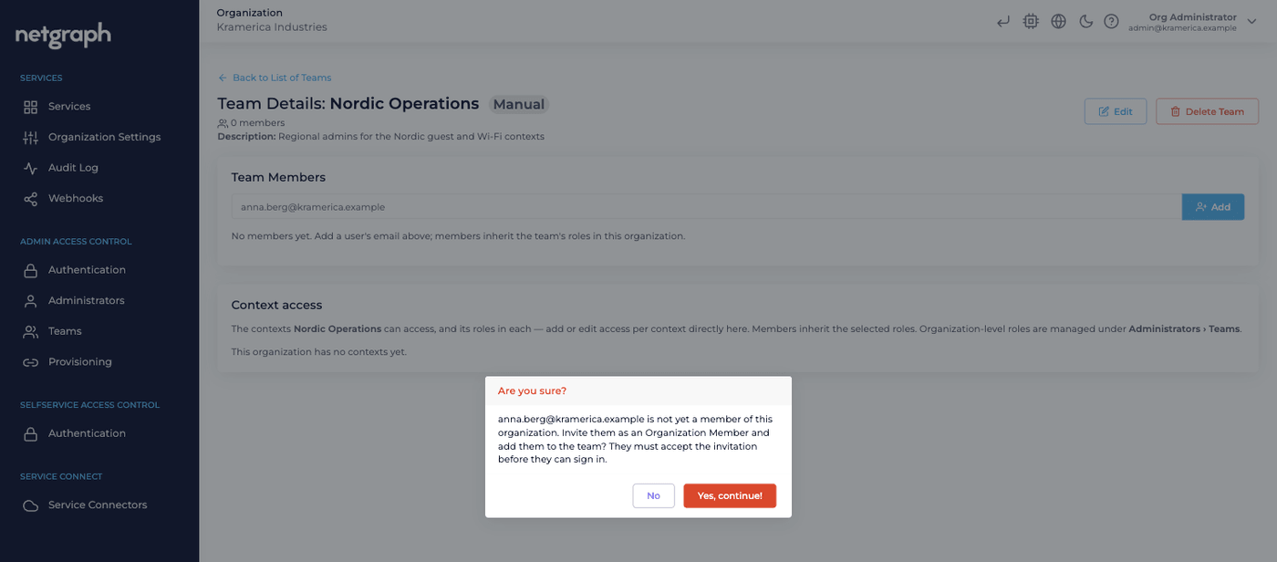 A confirmation dialog offering to invite a non-member as an Organization Member and add them to the team