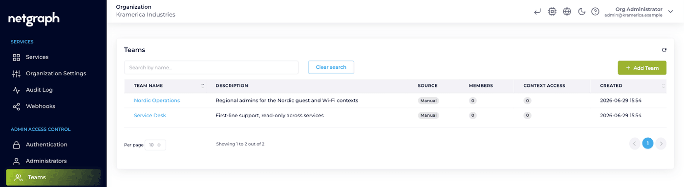 The Teams page listing two teams with description, source, member count, and context access columns