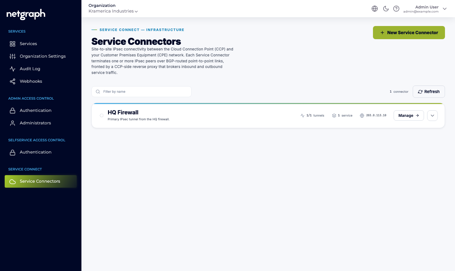 Service Connector list showing a connector, its tunnel status, and the Services bound to it