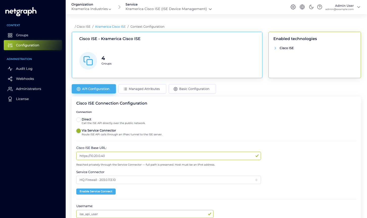 Endpoint Manager Context configuration showing the platform's access to Cisco ISE routed through a Service Connector