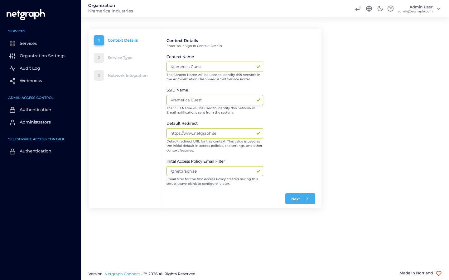 Context Details tab of the Sign-In creation wizard