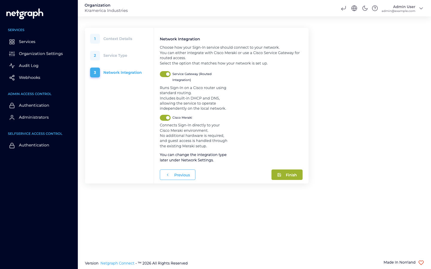 Network Integration tab with Service Gateway and Cisco Meraki enabled
