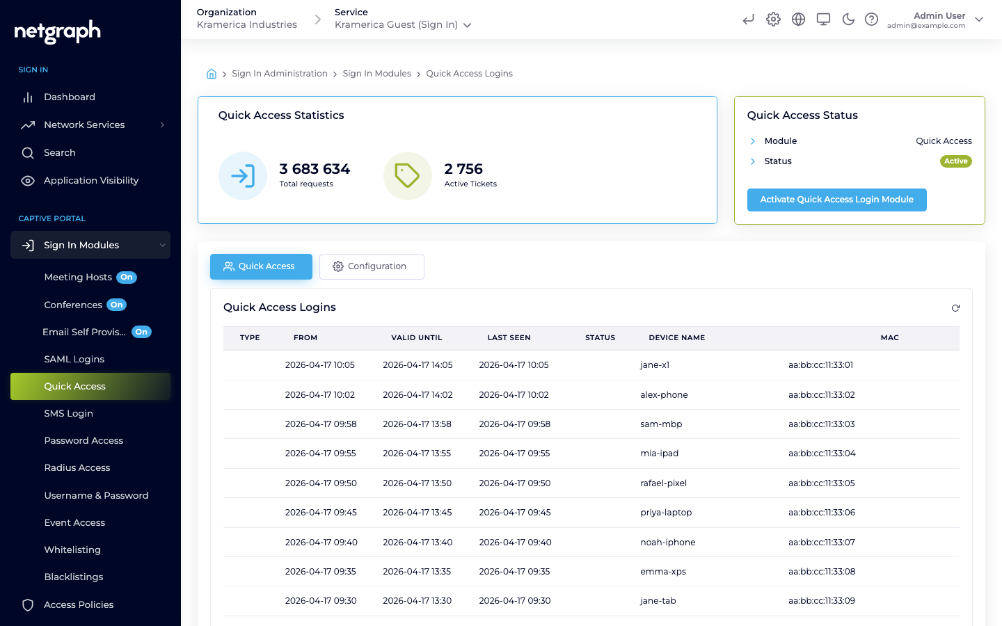 Quick Access module admin page