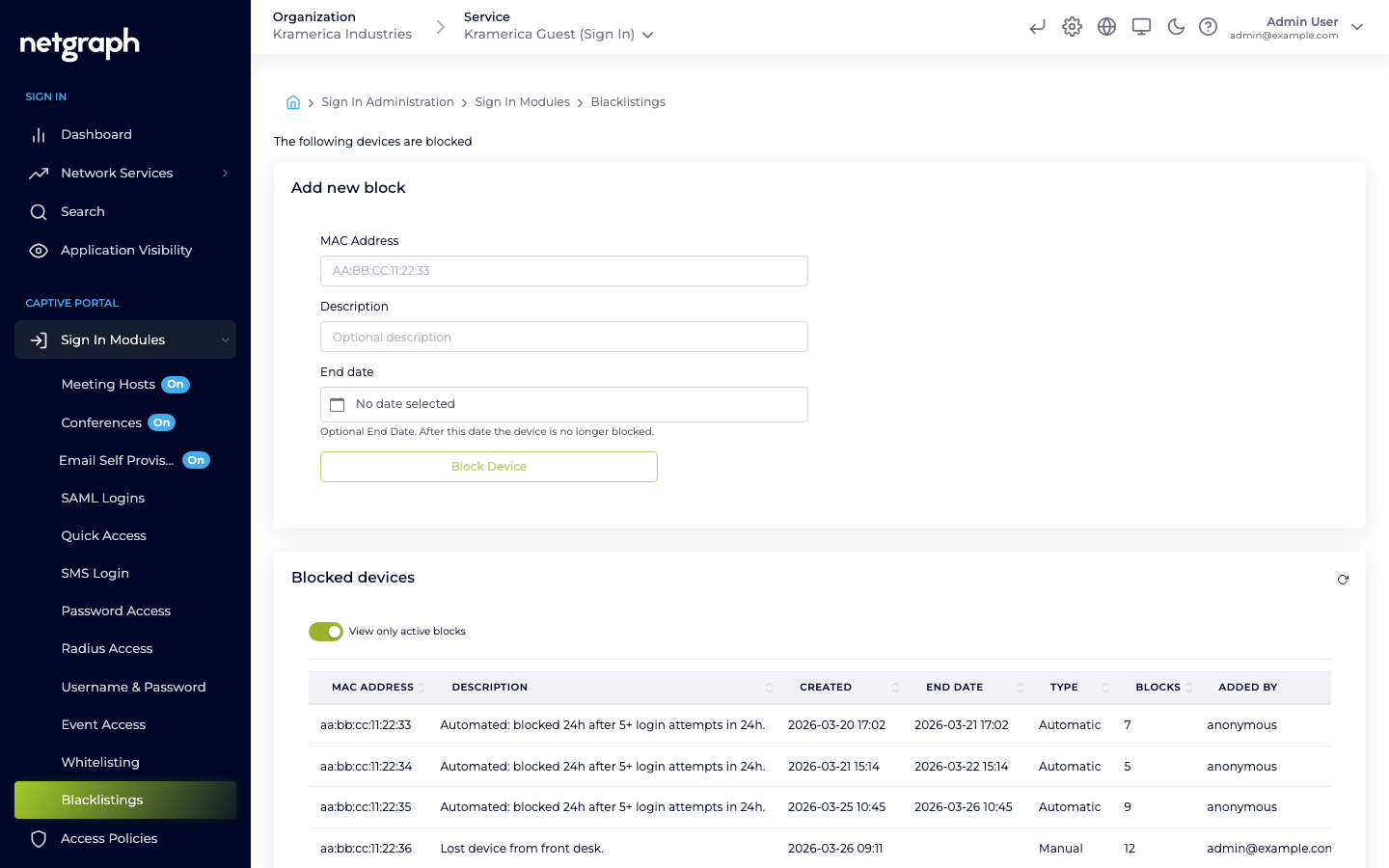 Device blocking admin page