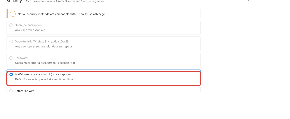 The Meraki Access control Security section with MAC-based access control (no encryption) outlined in red