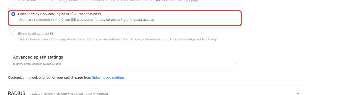 The Meraki splash page options with Cisco Identity Services Engine (ISE) Authentication outlined in red