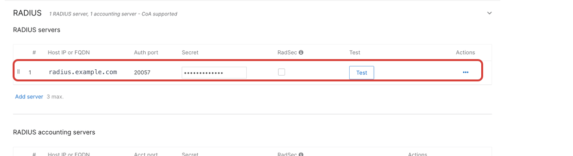 The Meraki RADIUS servers table with the server row outlined in red