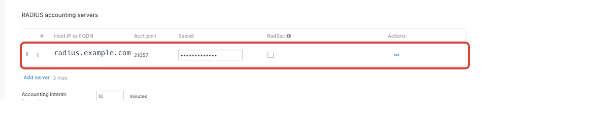 The Meraki RADIUS accounting servers table with the server row outlined in red