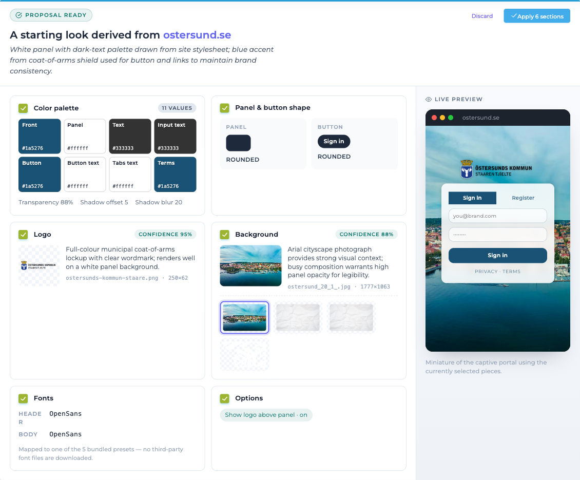 Auto-fill proposal with color palette, shape, logo, background, fonts, options, and live preview